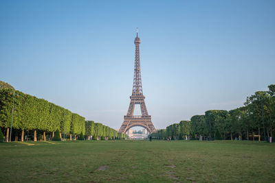 View of eiffel tower against clear blue sky