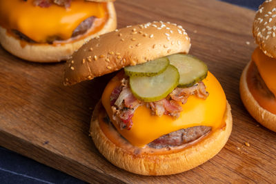 Close-up of burger on table