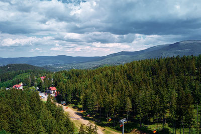 Aerial view of mountains with open cable cars lift, karpacz, poland