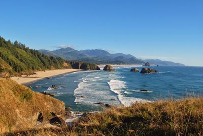 Scenic view of sea and mountains against clear sky