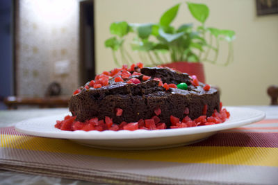 Close-up of cake in plate on table