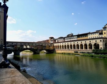 Arch bridge over river against sky in city