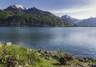 Scenic view of lake and mountains against sky