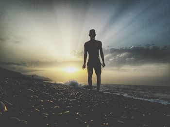 Rear view of silhouette man walking on beach at sunset