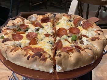 High angle view of pizza on table in restaurant