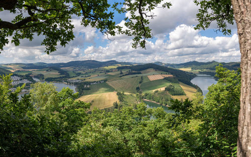 Panoramic view from the forest towards lake diemel, sauerland, germany