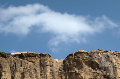 Low angle view of mountain against cloudy sky