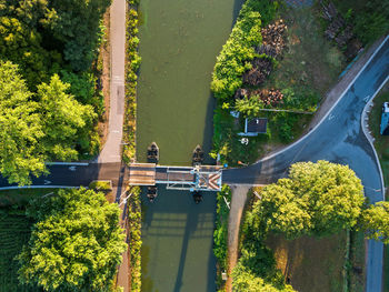 Top view aerial with drone of a draw bridge over the canal dessel-schoten in rijkevorsel