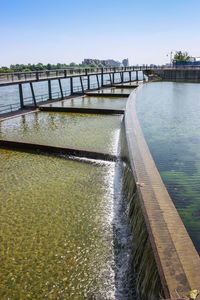 View of dam on river against clear sky