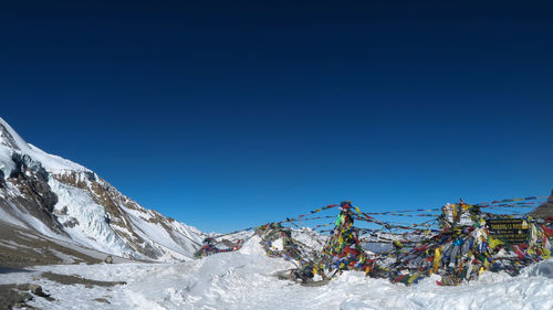 Scenic view of snowcapped mountains against clear blue sky