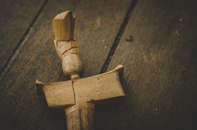 High angle view of wooden toy on table