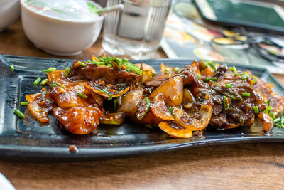 Close-up of food served on table