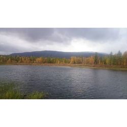 Scenic view of lake against cloudy sky