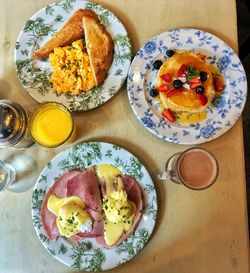 High angle view of breakfast served on table