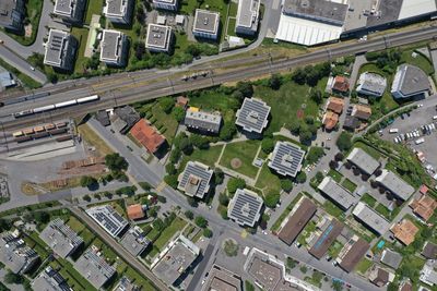 High angle view of buildings in city