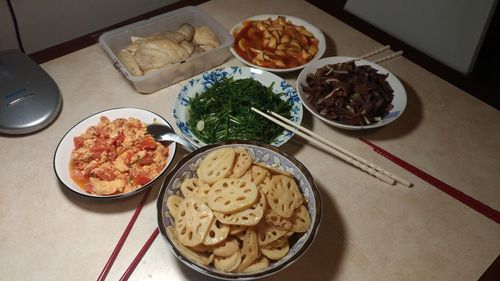 High angle view of food served on table