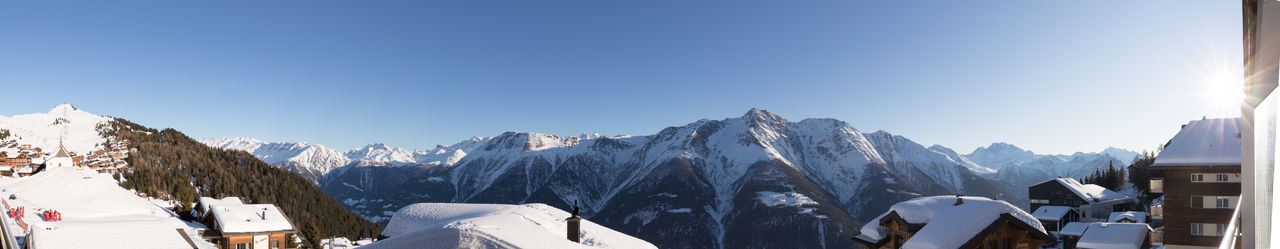 Panoramic view of snowcapped mountains against clear sky