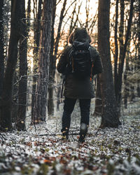 Rear view of woman walking in forest