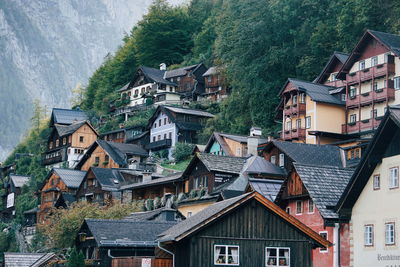 High angle view of houses and buildings in town