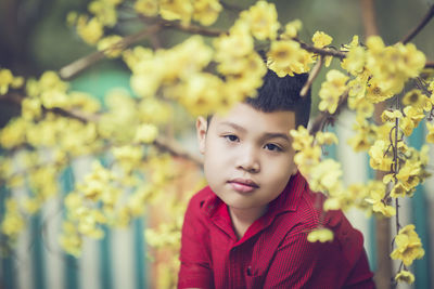 Portrait of boy with yellow flower