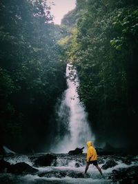 Side view of young man wading by waterfall in forest