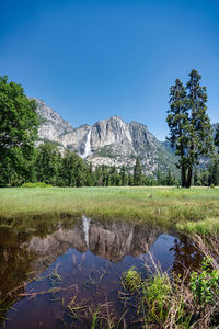 Scenic view of snowcapped mountains against clear blue sky