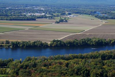 High angle view of field against sky