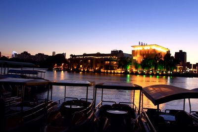 Boats in river against clear sky