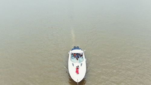 High angle view of nautical vessel on sea shore