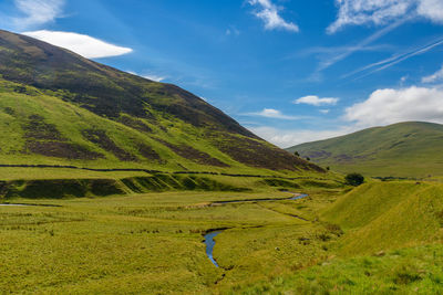 Scenic view of green landscape against sky