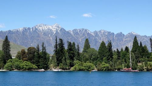 Scenic view of lake and mountains against sky