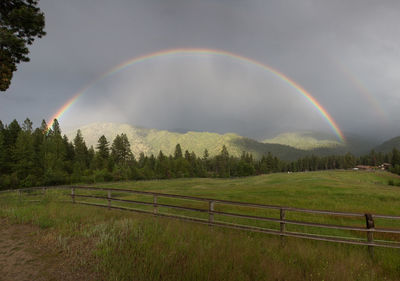 Scenic view of rainbow over field against sky