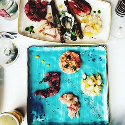 High angle view of meal served on table