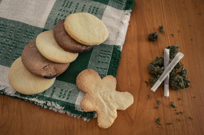 High angle view of cookies on table