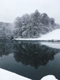 Reflection of trees in lake against sky during winter