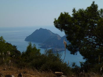 Scenic view of sea and mountains against sky