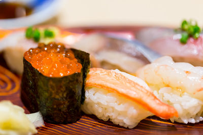 Close-up of sushi served in plate