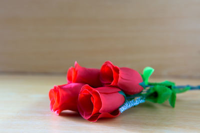 Close-up of red rose on table