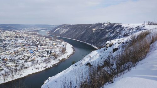 Aerial view of snowcapped mountains against sky