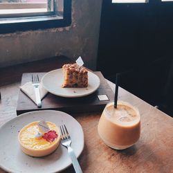 High angle view of breakfast served on table