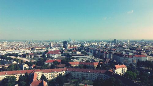 High angle view of cityscape against clear sky