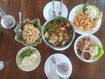 High angle view of breakfast served on table