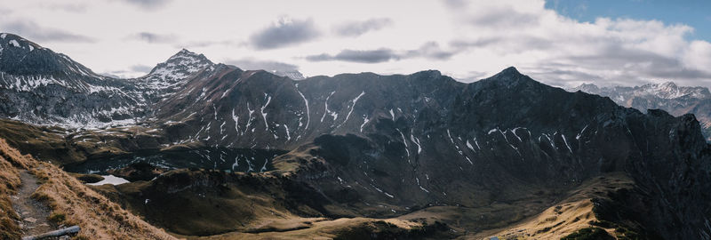 Panoramic view of snowcapped mountains against sky