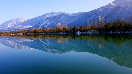 Scenic view of lake and mountains against sky