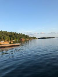 Scenic view of lake against clear blue sky