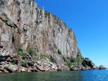 Rock formations by sea against clear sky