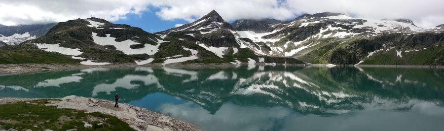 Scenic view of lake and snowcapped mountains against sky