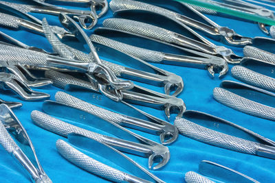 High angle view of blue metal on table