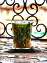 Close-up of tea in glass on table