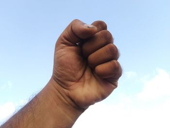 Close-up of person hand against sky